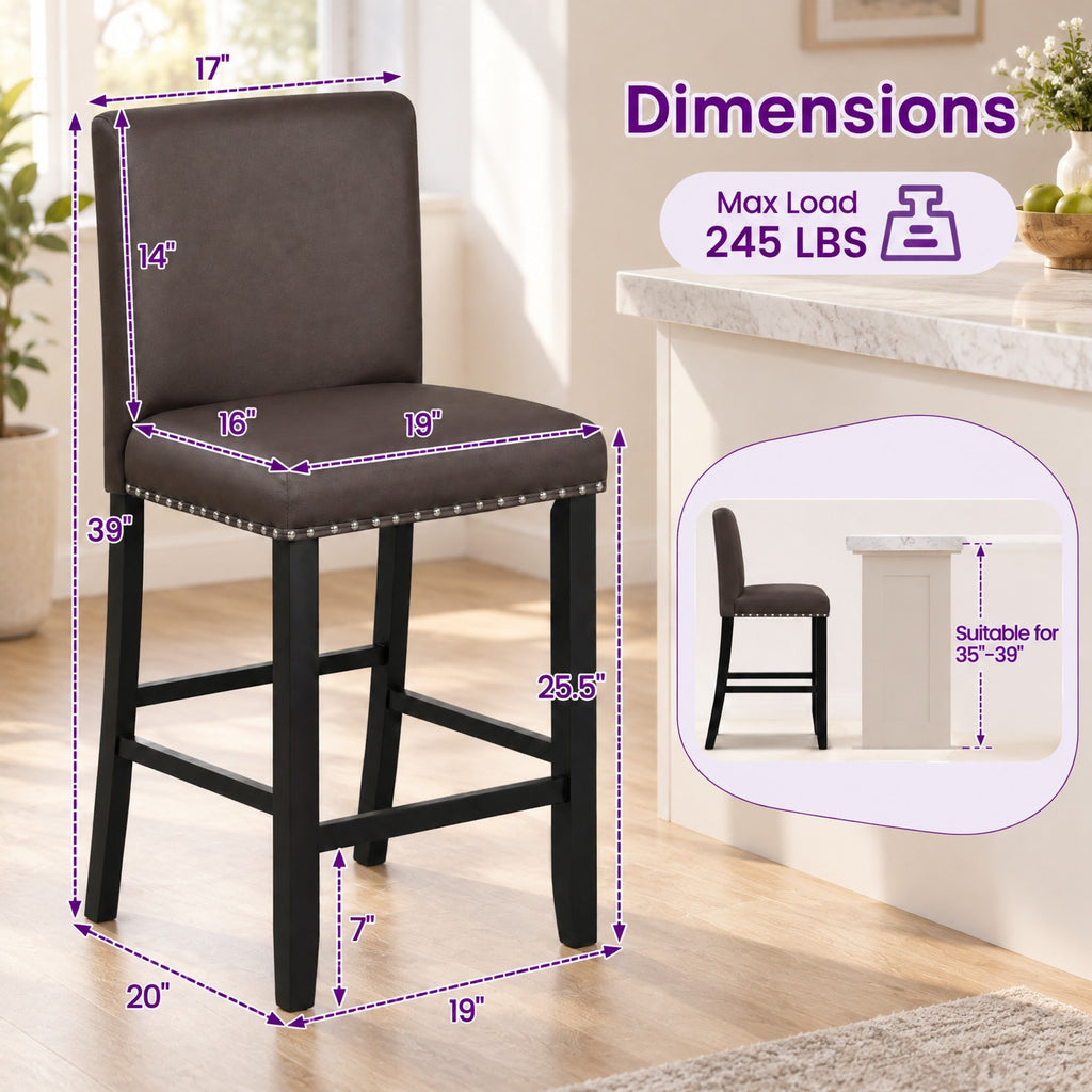 Airfind Set of 2 Bar Stools with Back for Kitchen Island, 245 lbs Capacity, Linen fabric(Gray)/PVC Leather(Black) LVL Frame, Brown