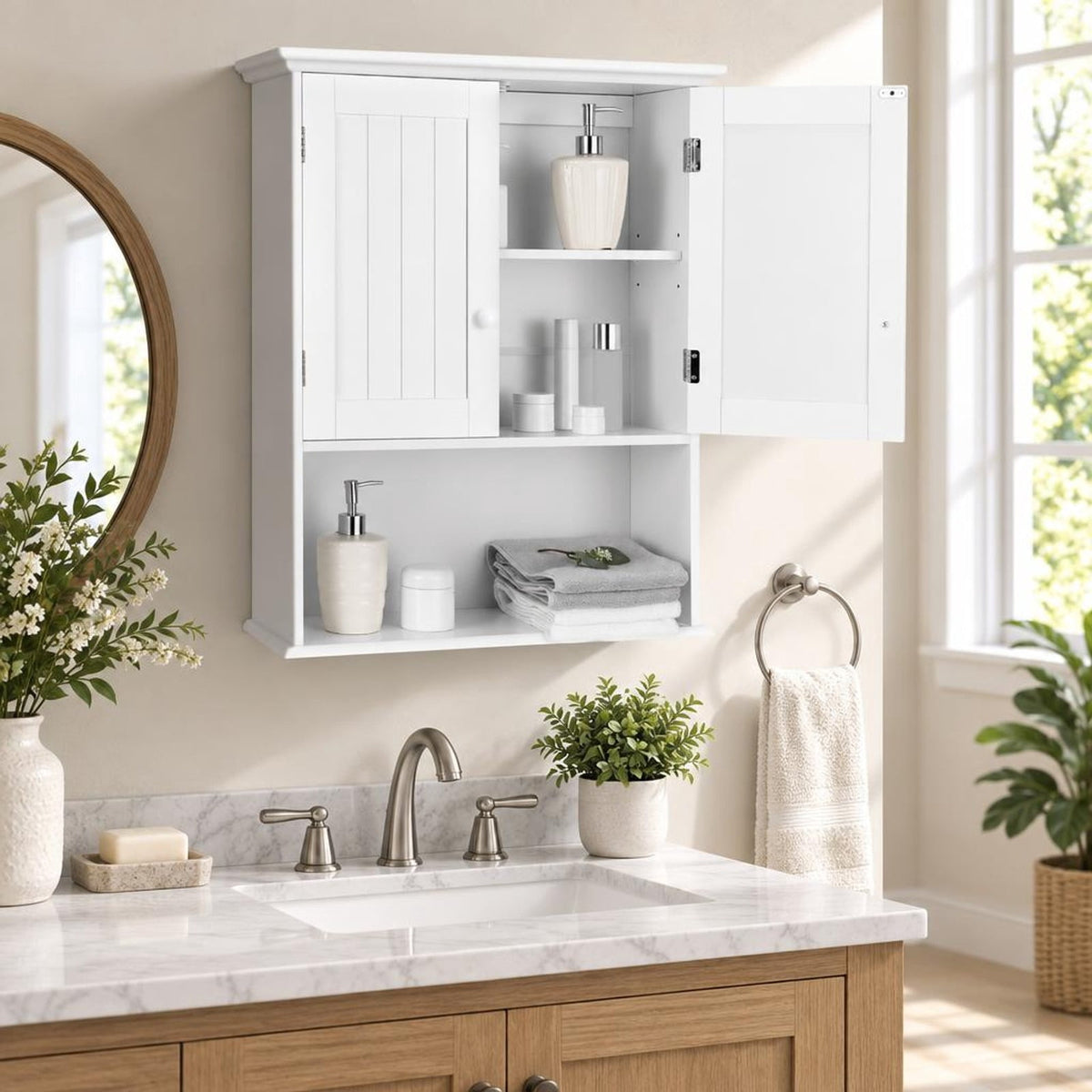 Airfind 2-Door Wall Mount Bathroom Storage Cabinet with Open Shelf, MDF Metal Frame, White, Overall dimension 23.5in x 8in x 28in(L x W