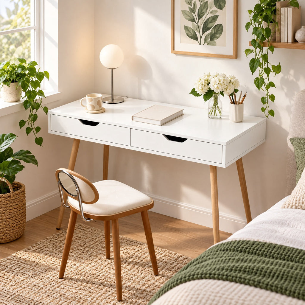 Airfind 43.5 Inch Computer Desk with 2 Drawers for Small Spaces, 165 lbs Capacity, Engineered Wood Frame, White