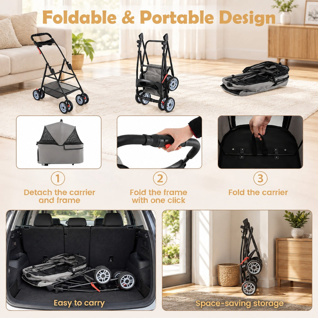 Airfind 3 in 1 Pet Stroller with Removable Carrier up to 33 lbs, 33 lbs Capacity, 300D Oxford Cloth Metal Mesh Sponge PU PP Frame, Gray