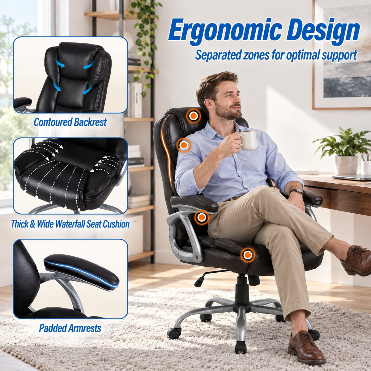 Airfind Executive Office Chair Leather Ergonomic Computer Desk Chair with Padded Seat and Armrests, 330 lbs Capacity, Brown