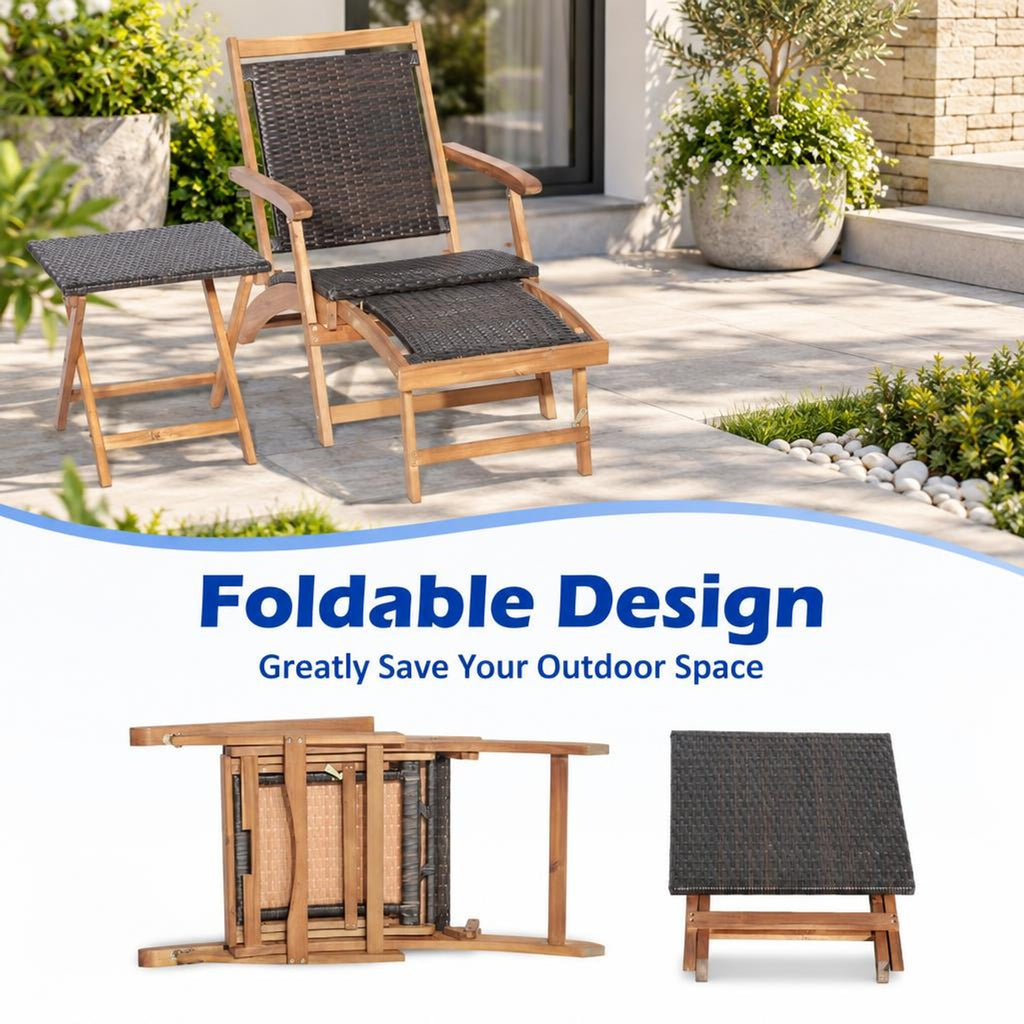 Airfind 2 Pieces Patio Rattan Folding Lounge Chair with Acacia Wood Table, Acacia Wood PE Rattan Steel Frame, 18 x 18 x 18 inch Footprint, Wood