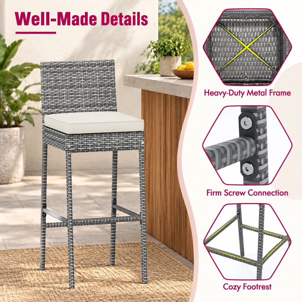 Airfind Set of 2/4 Patio Wicker Barstools with Soft Seat Cushion and Cozy Footrest-Set of 4, Fixing ties keep the cushions in place