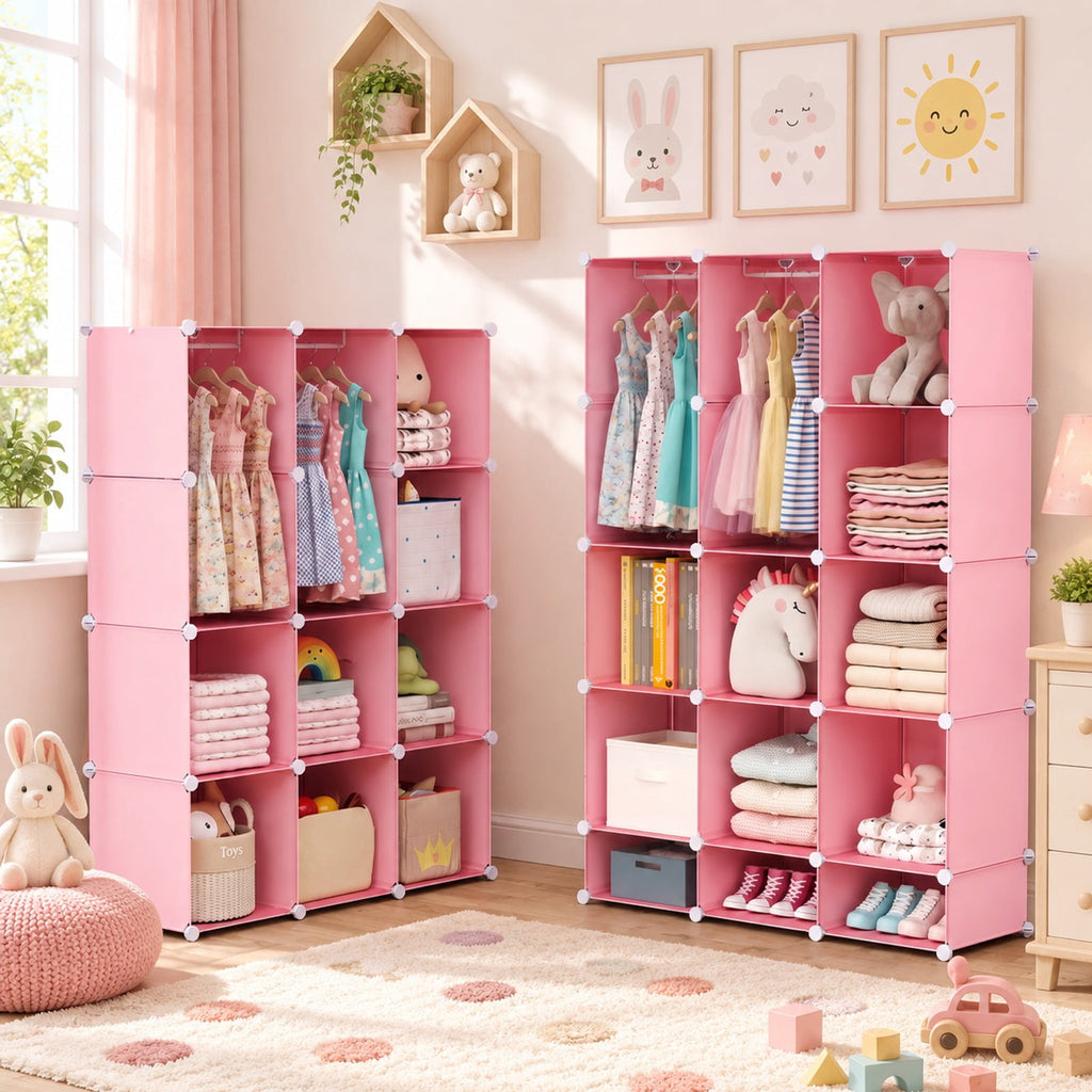 Airfind Modular Baby Wardrobe with 10 Cubes Hanging Rod and Shelves Stackable, 6.5 lbs Capacity, PP Frame, 43 x 14 x 57 Footprint, Pink