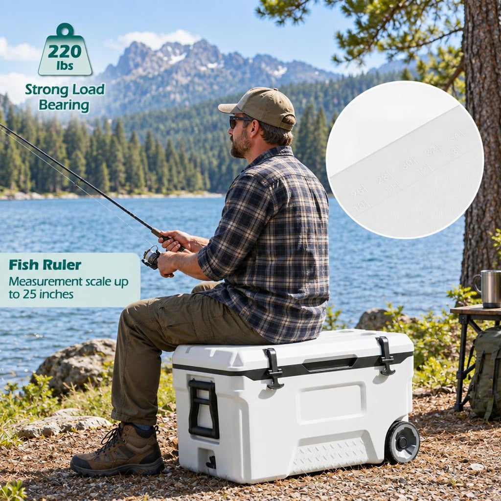 Airfind 53 Quart Portable Rolling Cooler with Fish Ruler for Outdoor, PP PU HDPE TPE Frame, 29.5 x 16 x 16 Footprint, White