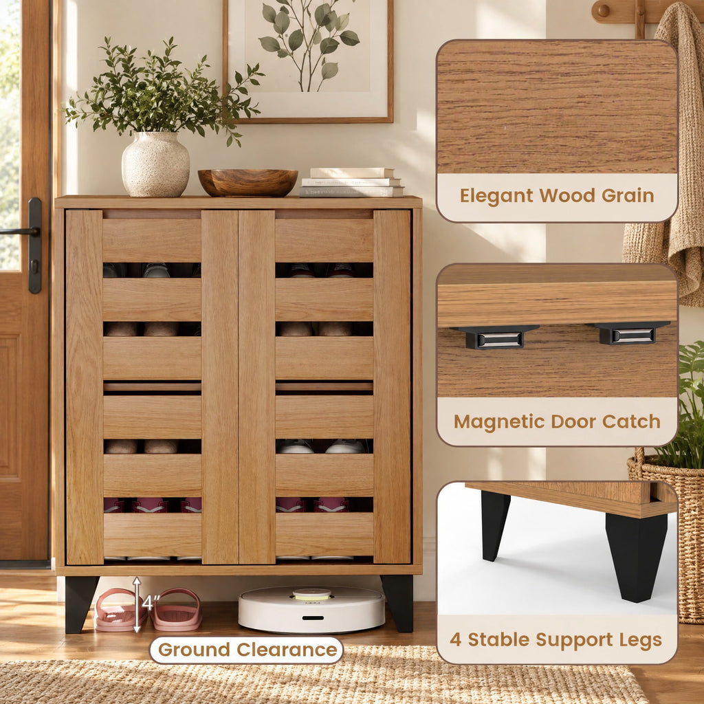 Airfind 4-Tier Farmhouse Shoe Organizer with Louvered Door, 110 lbs Capacity, MDF Engineered Wood Plastic Frame, 24 x 13 x 28 Footprint, Natural