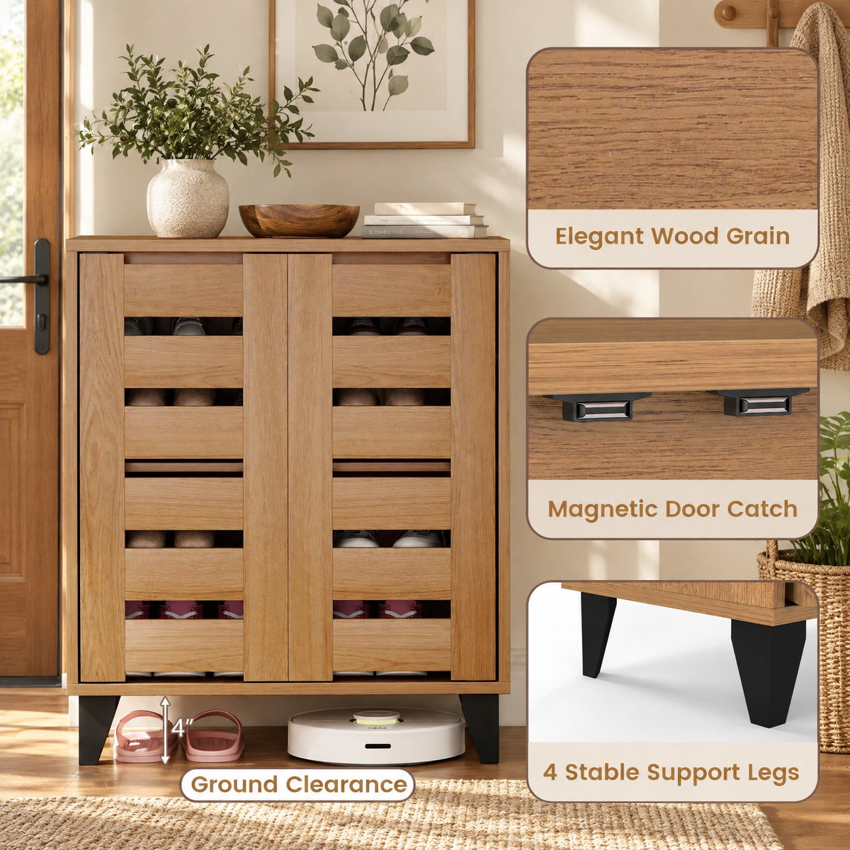 Airfind 4-Tier Farmhouse Shoe Organizer with Louvered Door, 110 lbs Capacity, MDF Engineered Wood Plastic Frame, 24 x 13 x 28 Footprint, Natural