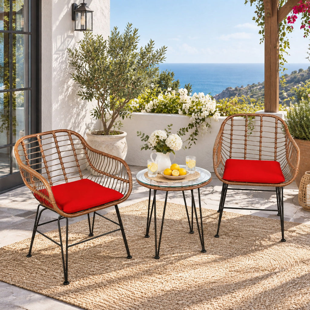 Airfind 3 Pieces Patio Rattan Bistro Set with Cushion, 170 lbs Capacity, Steel Rattan Sponge Polyester Frame, 22.5 Inch x 24 Inch x 31.5 Inch Footprint, Red