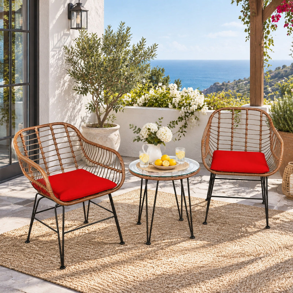 Airfind 3 Pieces Patio Rattan Bistro Set with Cushion, 170 lbs Capacity, Steel Rattan Sponge Polyester Frame, 22.5 Inch x 24 Inch x 31.5 Inch Footprint, Red