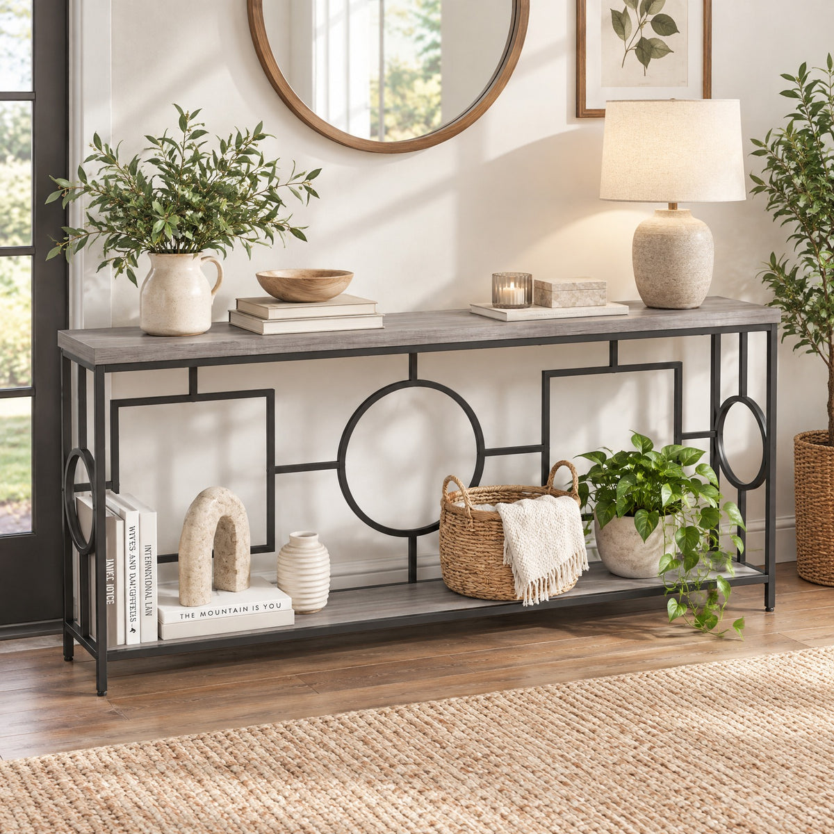 Airfind 2-Tier Faux Marble Top Console Table with Storage Shelf for Hallway, 110 lbs Capacity, MDF Metal Frame, Brown