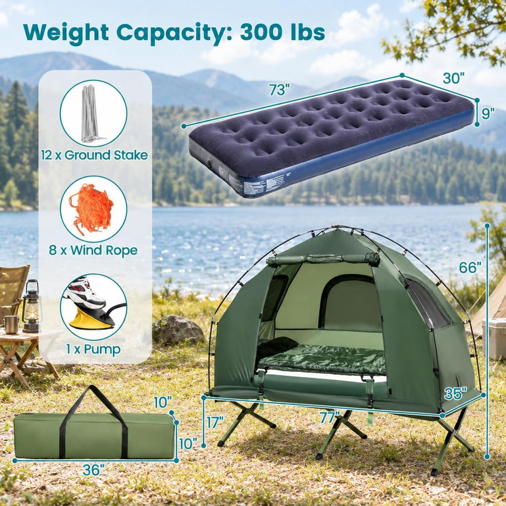 Airfind 1-Person Folding Camping Tent with Sunshade and Air Mattress, 300 lbs Capacity, 77 Inch x 35 Inch x 66 Inch Footprint, Green
