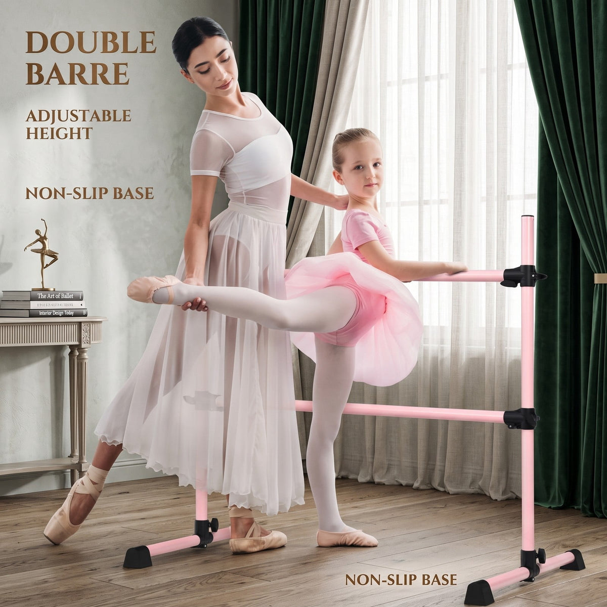 Airfind 4 Feet Portable Ballet Barre Freestanding Double Dance Barre with Adjustable Height for Home Studio and School, Pink