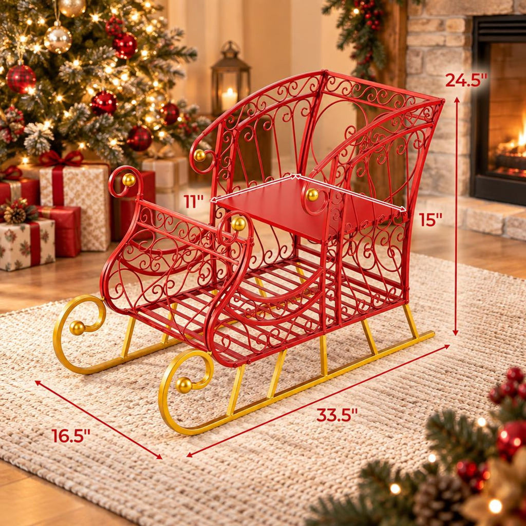 Airfind Metal Christmas Santa Sleigh Basket 2-Tier Xmas Santas Gift Storage Sleigh, 33 Lbs Capacity, Metal, 33.5 Inch X 16.5 Inch X 24.5 Inch, Red
