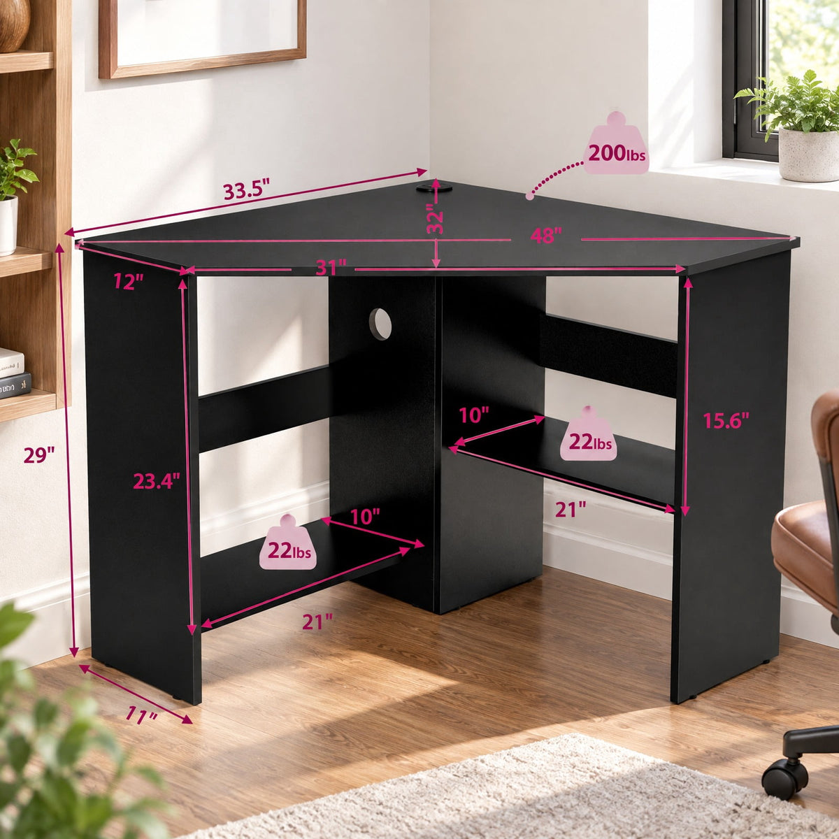 Airfind Corner Computer Desk Triangle Writing Workstation with Storage Shelf, 200 lbs Capacity, E0 engineered wood Frame, Black