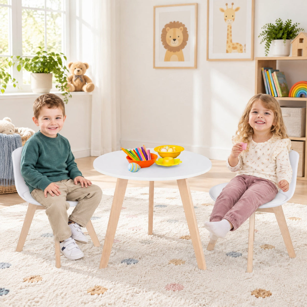 Airfind Modern Kids Activity Play Table and 2 Chairs Set with Beech Leg Cushion, 176 lbs Capacity, MDF beech wood PP Frame, 23.5 x 20 Footprint