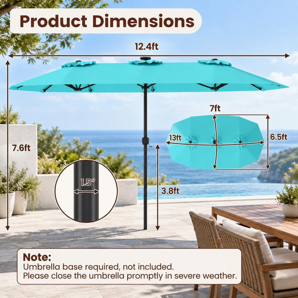 Airfind 13 FT Double-Sided Patio Umbrella with Color-Changing Flowing Solar LED Lights, Polyester Fabric Metal Frame, 13 x 7 ft Footprint, Turquoise