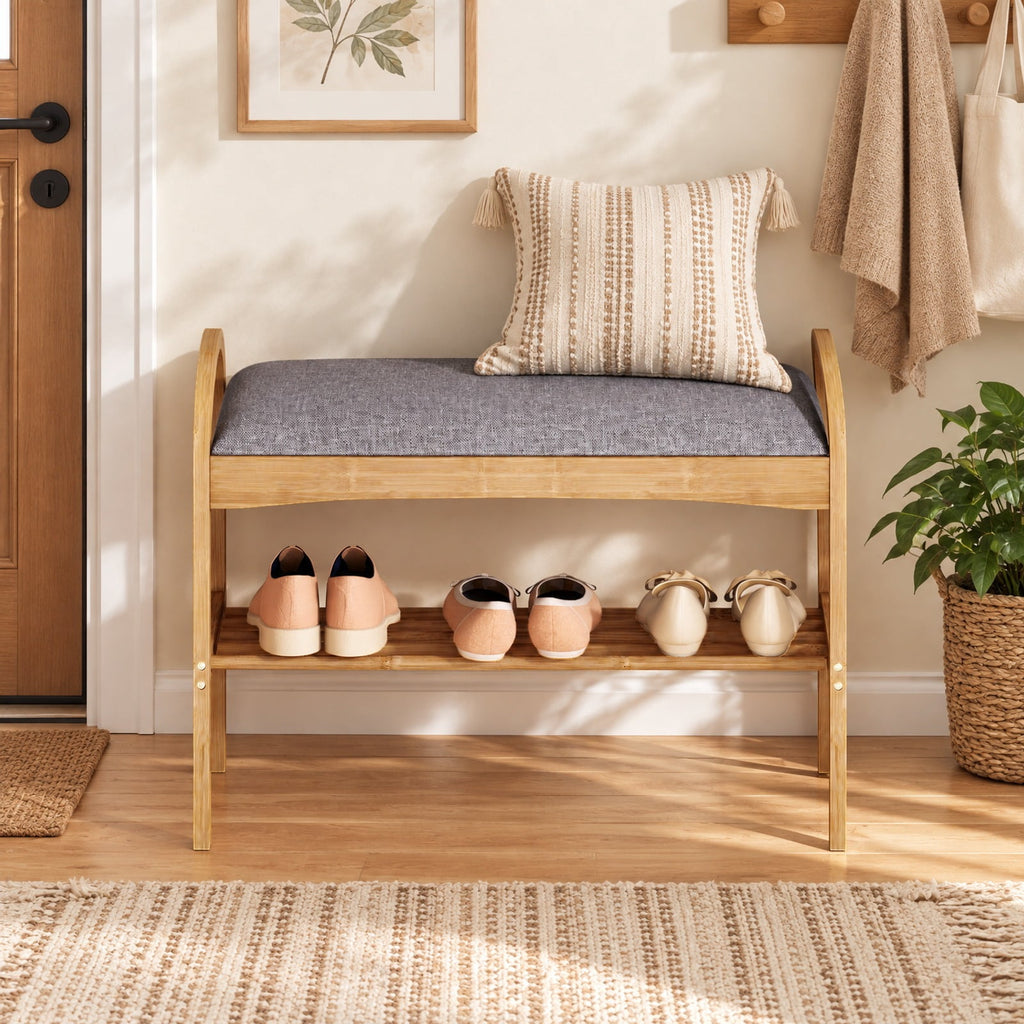 Airfind 2-Tier Bamboo Shoe Bench with Padded Cushion and Shelf, 330 lbs Capacity, Bamboo Polyester Fabric Sponge Frame, Gray