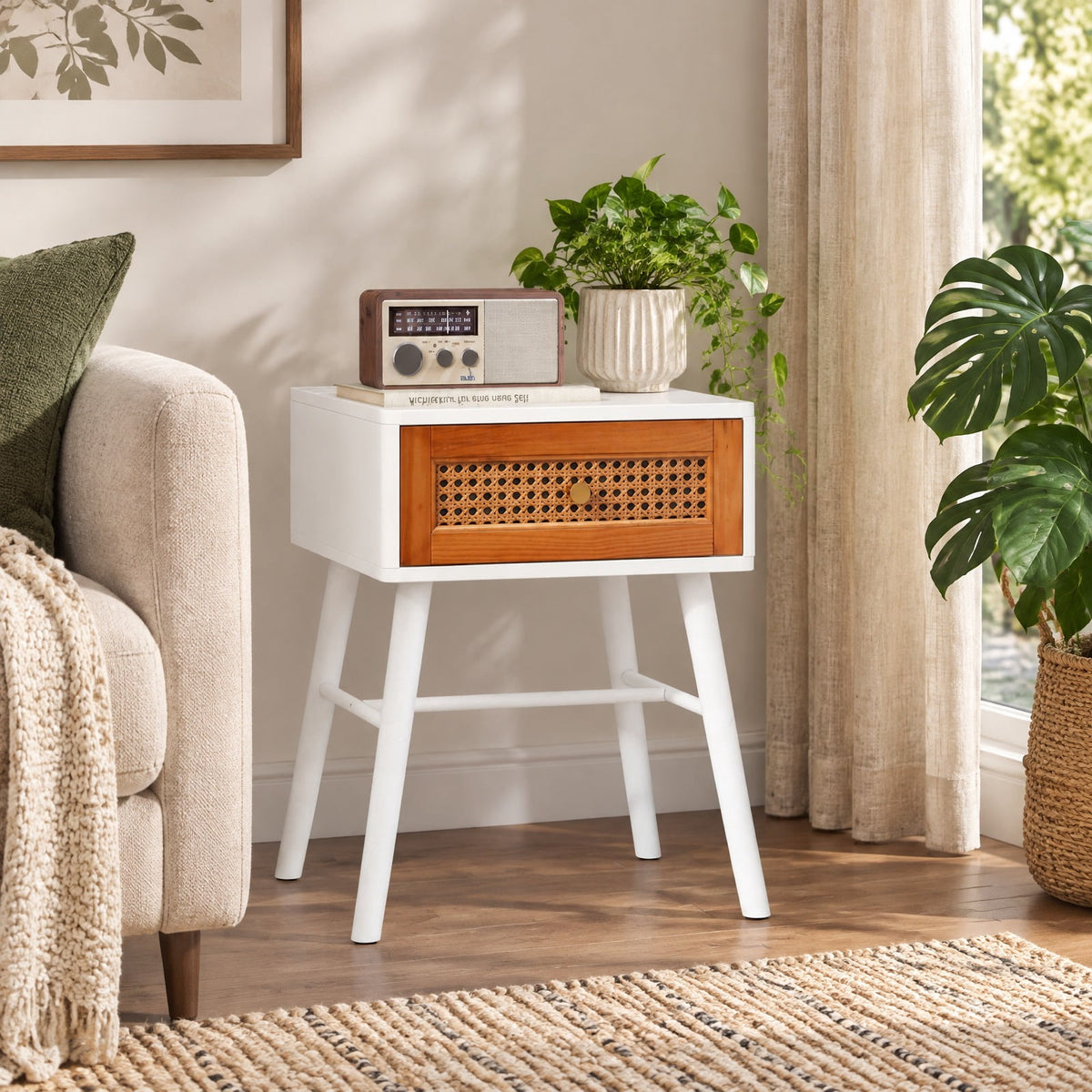 Airfind Rattan Nightstand Mid Century Modern Accent Table with Drawer, 110 lbs Capacity, Painted MDF Pine Wood Natural Rattan Frame, White