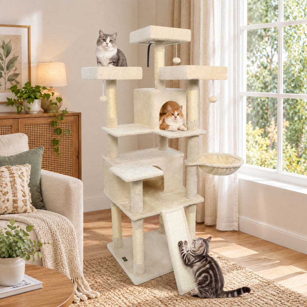 Airfind 65 Inch Tall Multi-level Cat Tree with 3 Upholstered Perch and 2 Cat Condos, Fabric Sisal Engineered Wood Overall Height 65 Inch Base Frame
