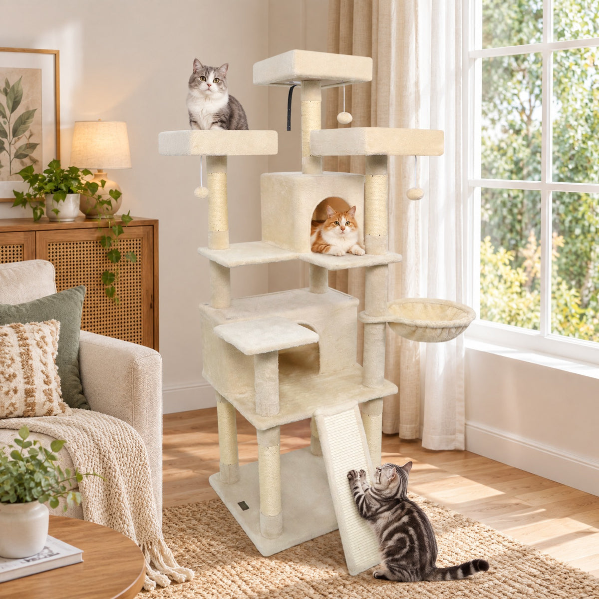 Airfind 65 Inch Tall Multi-level Cat Tree with 3 Upholstered Perch and 2 Cat Condos, Fabric Sisal Engineered Wood Overall Height 65 Inch Base Frame