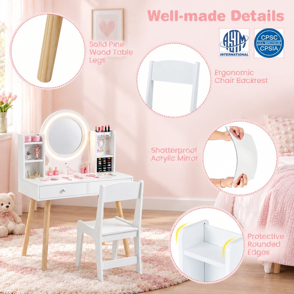Airfind Kids Vanity Set with Lighted Mirror and Storage Drawers, 110 lbs Capacity, Engineered Wood Frame, for 3+ years old, White
