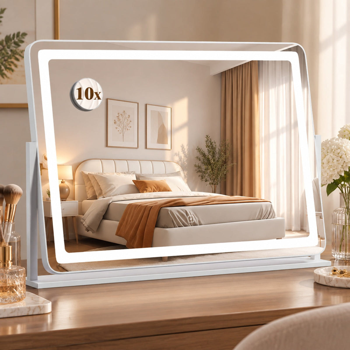 Airfind 32 x 22 Inch Large Makeup Vanity Mirror with 3-Color Lighting Mode, Copper-free Silver Mirror Aluminum Metal MDF Frame, White