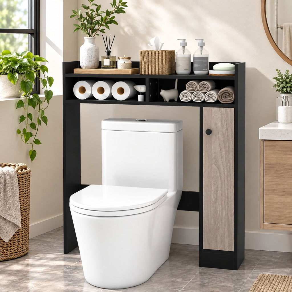 Airfind Bathroom Over the Toilet Floor Storage Organizer with Adjustable Shelves, 100 lbs Capacity, MDF Engineered Wood Frame, Black