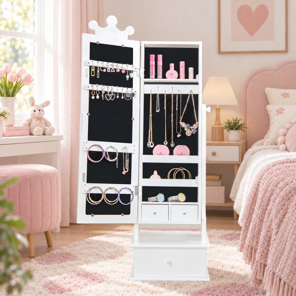 Airfind 2-in-1 Kids Play Jewelry Armoire with Full Length Mirror and Drawers, MDF Glass Frame, for 3+ Years Old, 13.5 x 12 x 40.5/44.5 Footprint