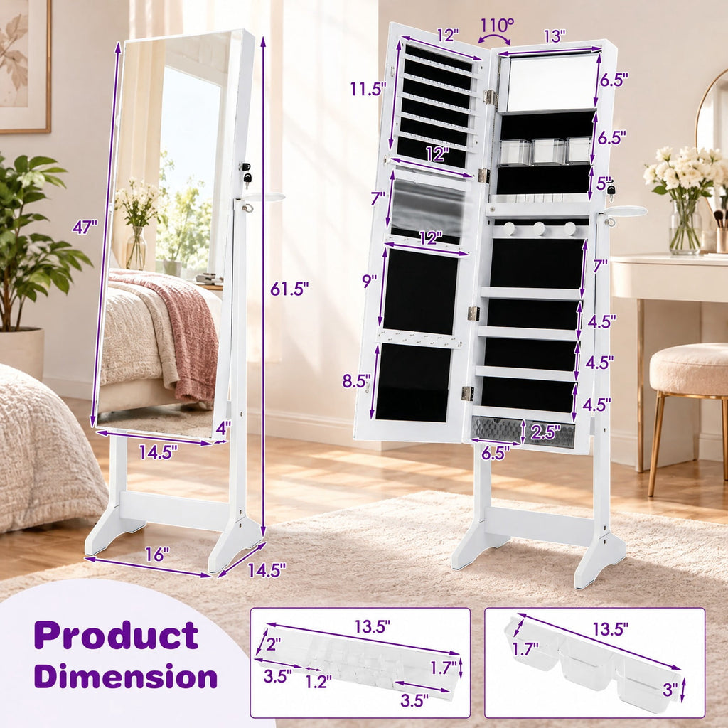 Airfind Jewelry Cabinet, Freestanding, with Full Length HD Mirror, MDF Glass Frame, 16 Inch x 14.5 Inch x 61.5 Inch Footprint, White