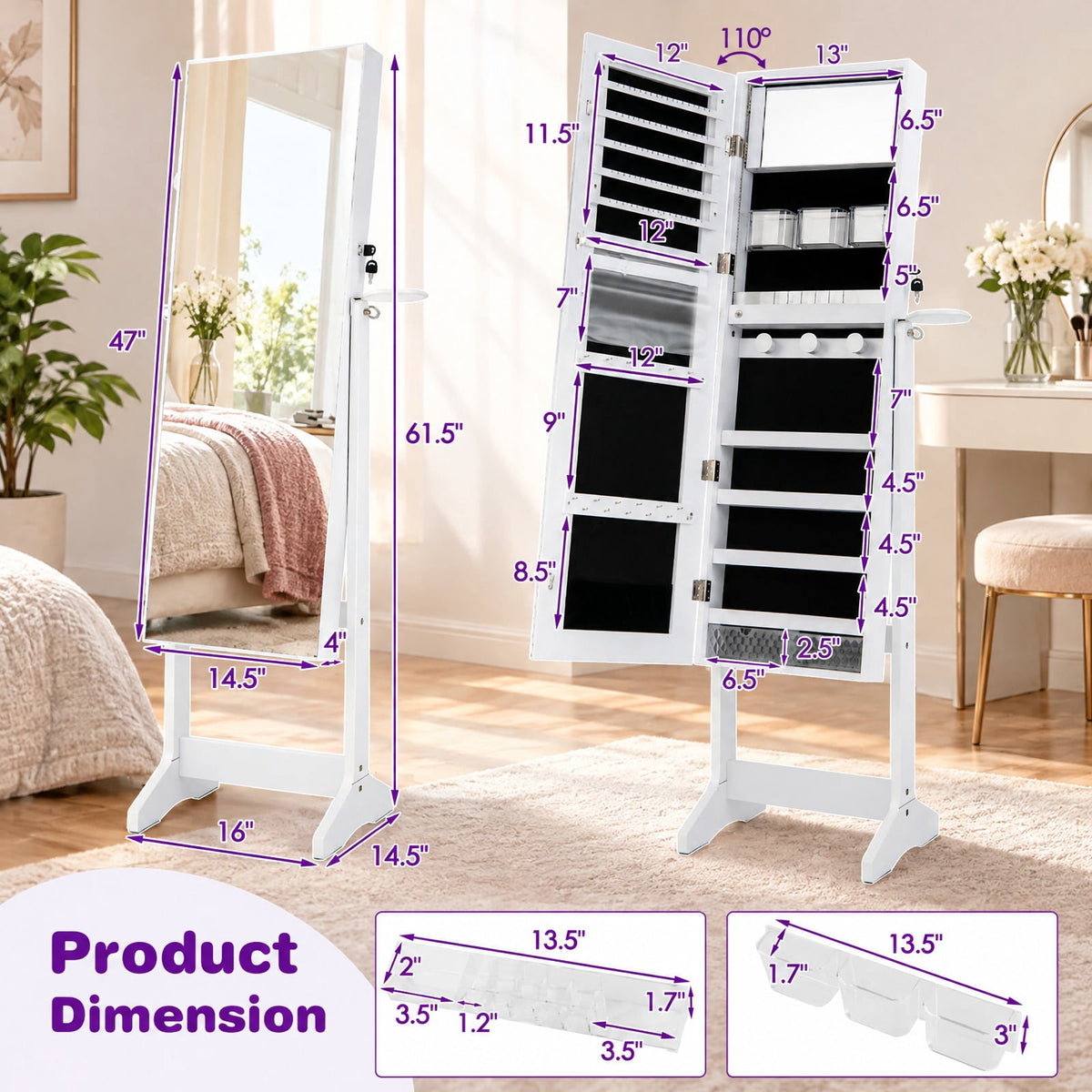 Airfind Jewelry Cabinet, Freestanding, with Full Length HD Mirror, MDF Glass Frame, 16 Inch x 14.5 Inch x 61.5 Inch Footprint, White