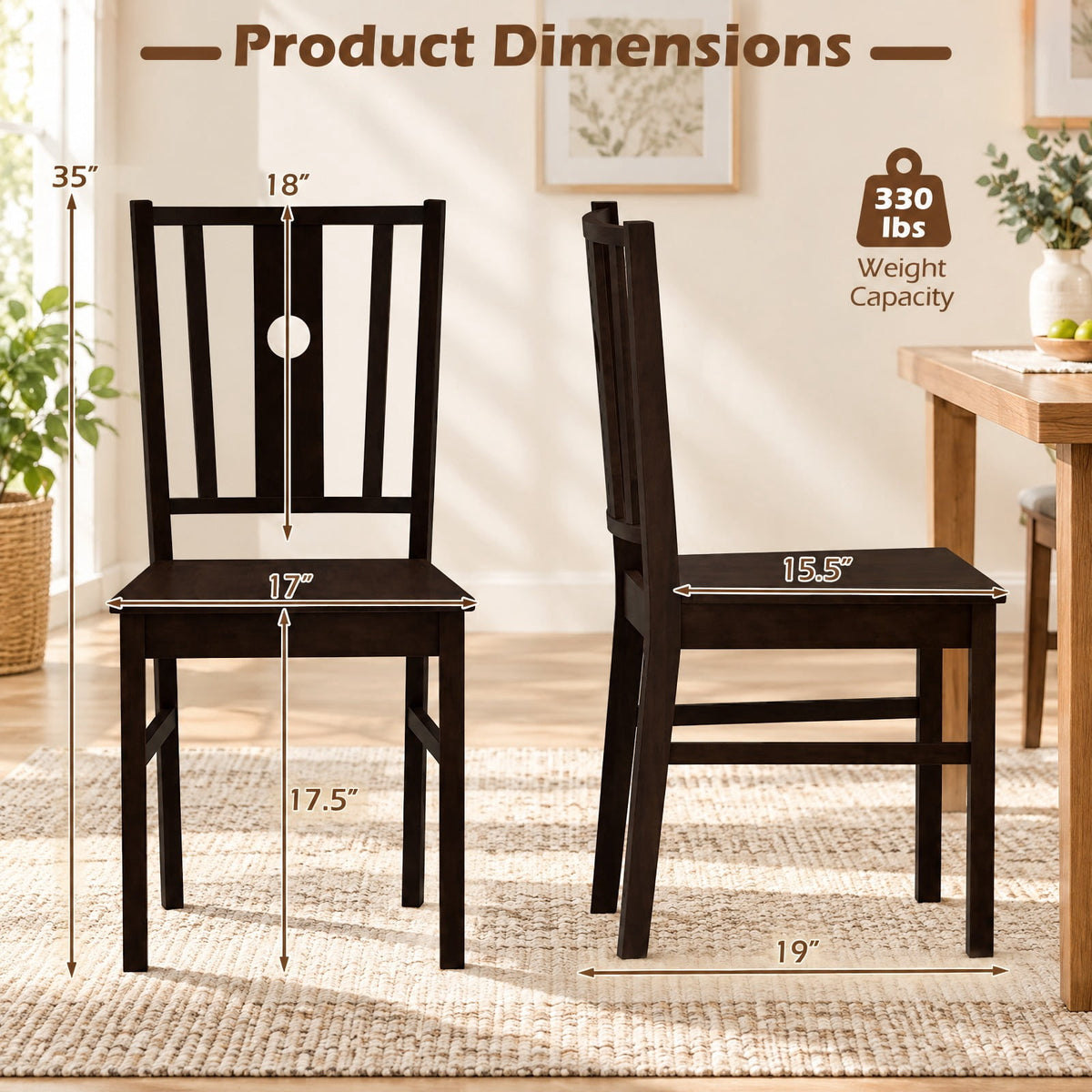 Airfind Set of 2 Solid Rubber Wood Kitchen Chairs featuring Slatted Curved Backrest, Chair 330 lbs Total Capacity, Rubber Wood MDF Frame, Coffee