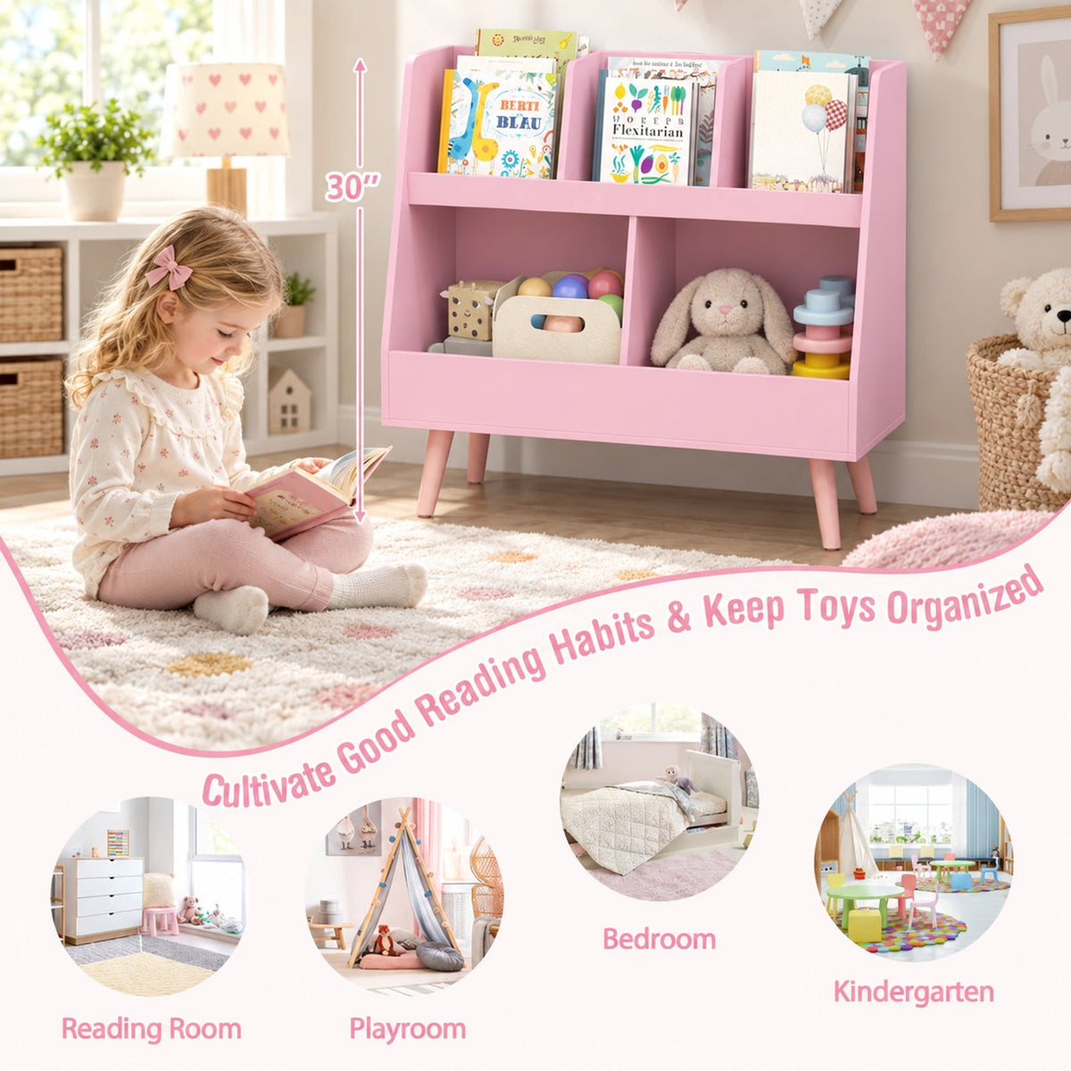 Airfind 5-Cube Kids Bookshelf and Toy Organizer with Anti-Tipping Kits, 68 lbs Capacity, MDF Solid Wood Frame, Pink