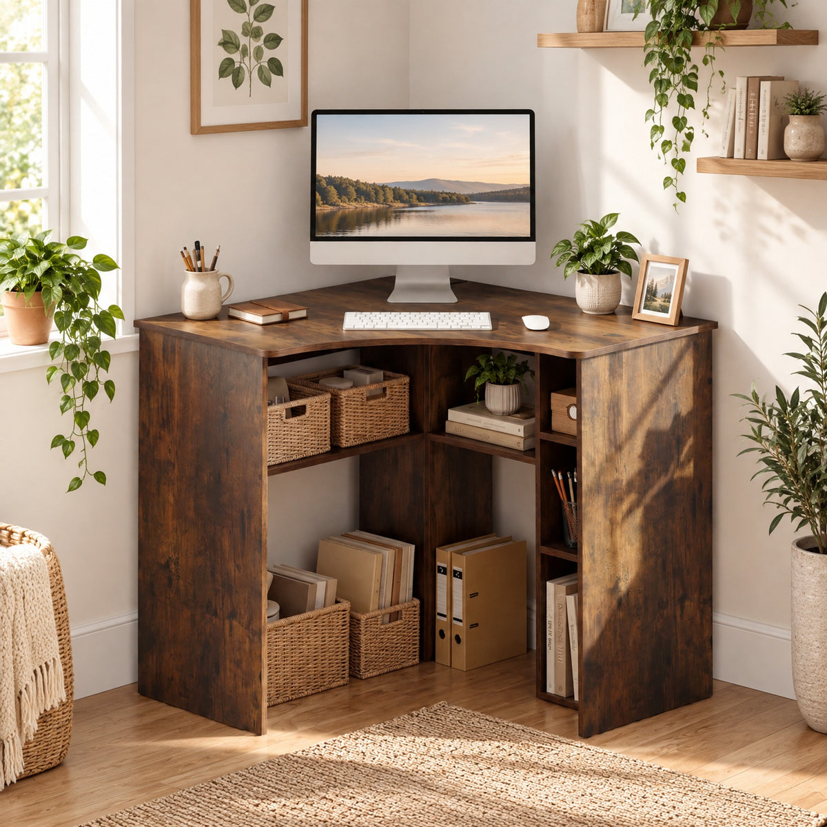 Airfind Corner Computer Desk Triangle Home Office Desk with Adjustable Shelf and Arc-Shaped Profile, 100 lbs Capacity, Brown