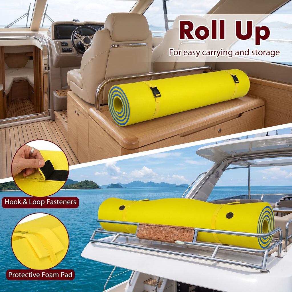 Airfind 9 x 6 3 Layer Floating Water Pad Roll Up Foam Mat with 2 Bungee Tethers and Rolled Pillow Edge for Lake Pool and Beach, Yellow