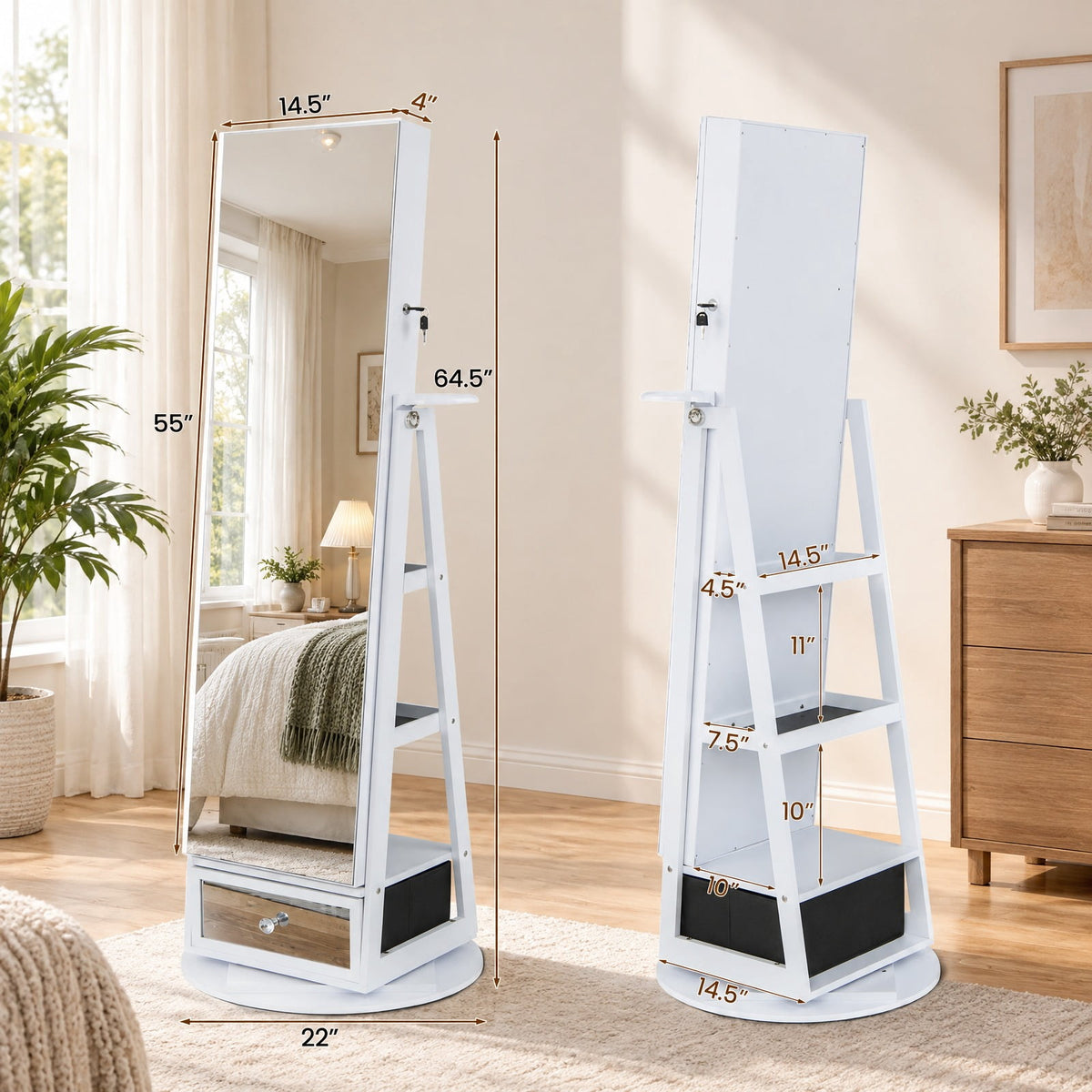 Airfind Lockable 360° Swivel Jewelry Cabinet with Full-Length Mirror LED Lights, MDF Glass Acrylic Frame, 22 Inch x 64.5 Inch External Footprint, White