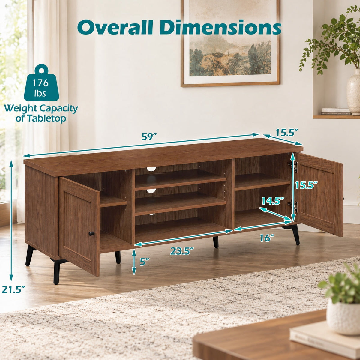 Airfind 2-Door TV Stand for TVs up to 65 Inch Mid Century Modern Entertainment Center, 176 lbs Capacity, Engineered Wood Metal Frame, Brown
