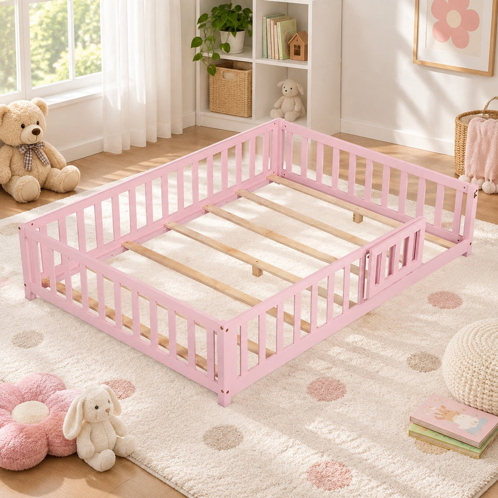 Airfind Montessori Bed Frame with Full-length Guardrails Safety Door and Latch, 330 lbs Capacity, Pine Wood Plywood Frame, Pink