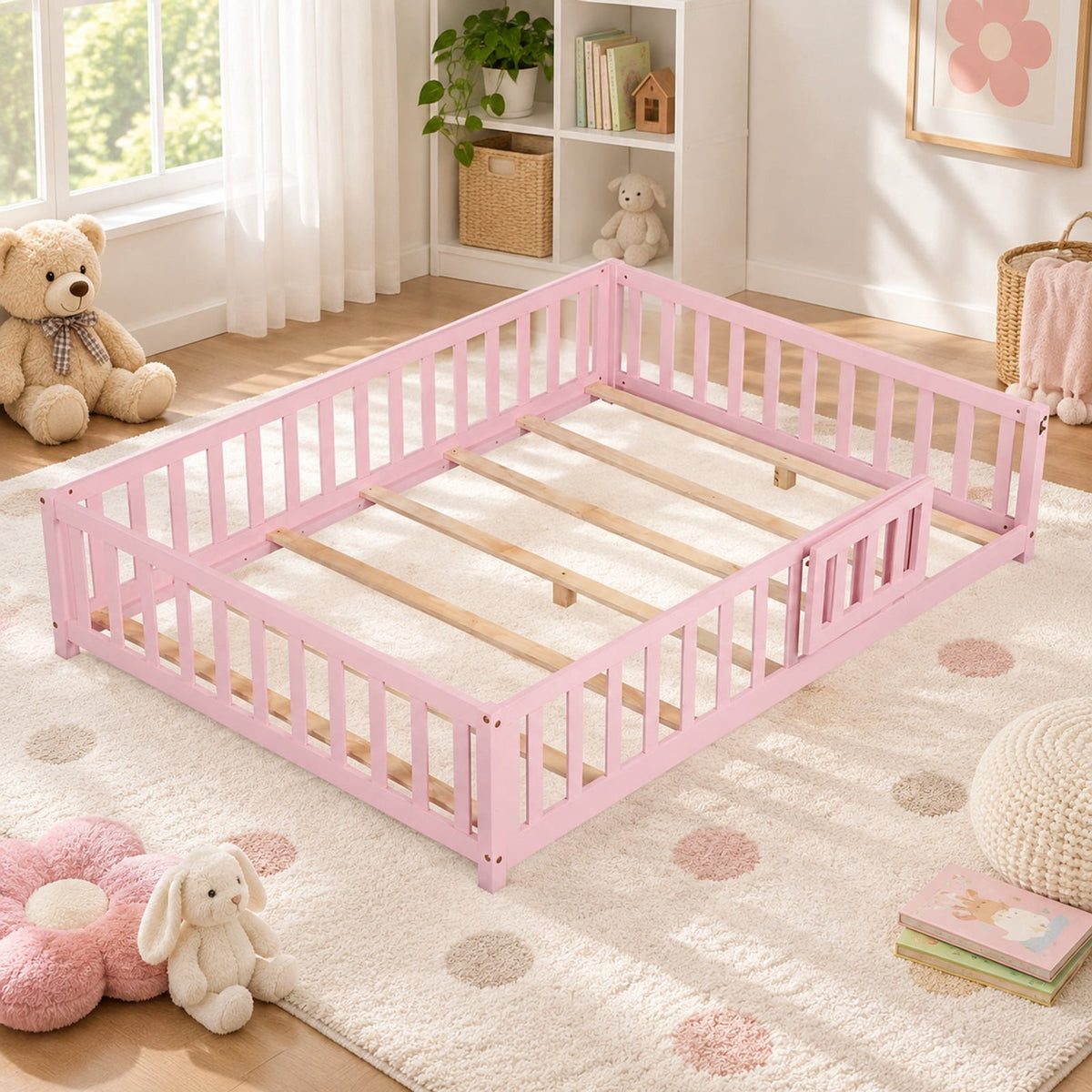 Airfind Montessori Bed Frame with Full-length Guardrails Safety Door and Latch, 330 lbs Capacity, Pine Wood Plywood Frame, Pink