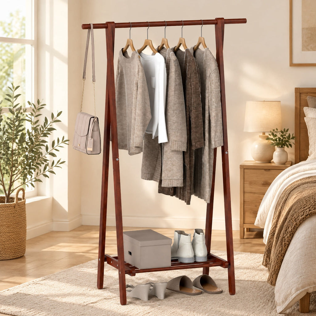 Airfind Folding Rubber Wood Clothes Hanging Rack Standing Garment Rack with Bottom Storage Shelf, 33 lbs Capacity, Rubber Wood Unfolding Frame