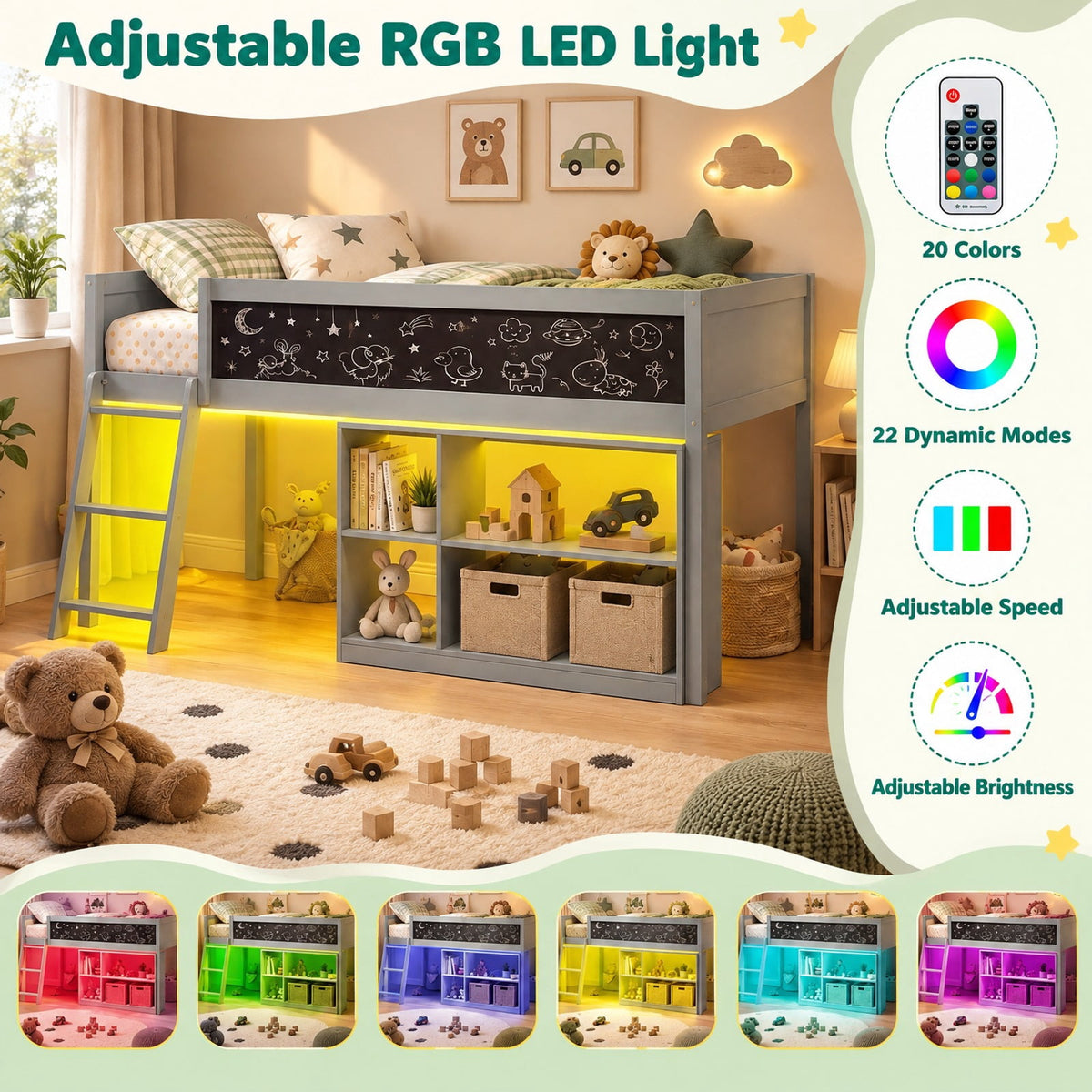 Airfind Twin Size Kids Loft Bed with LED Lights and Removable Bookcase, 350 lbs Capacity, Solid Wood Plywood Engineered Wood Frame, Gray
