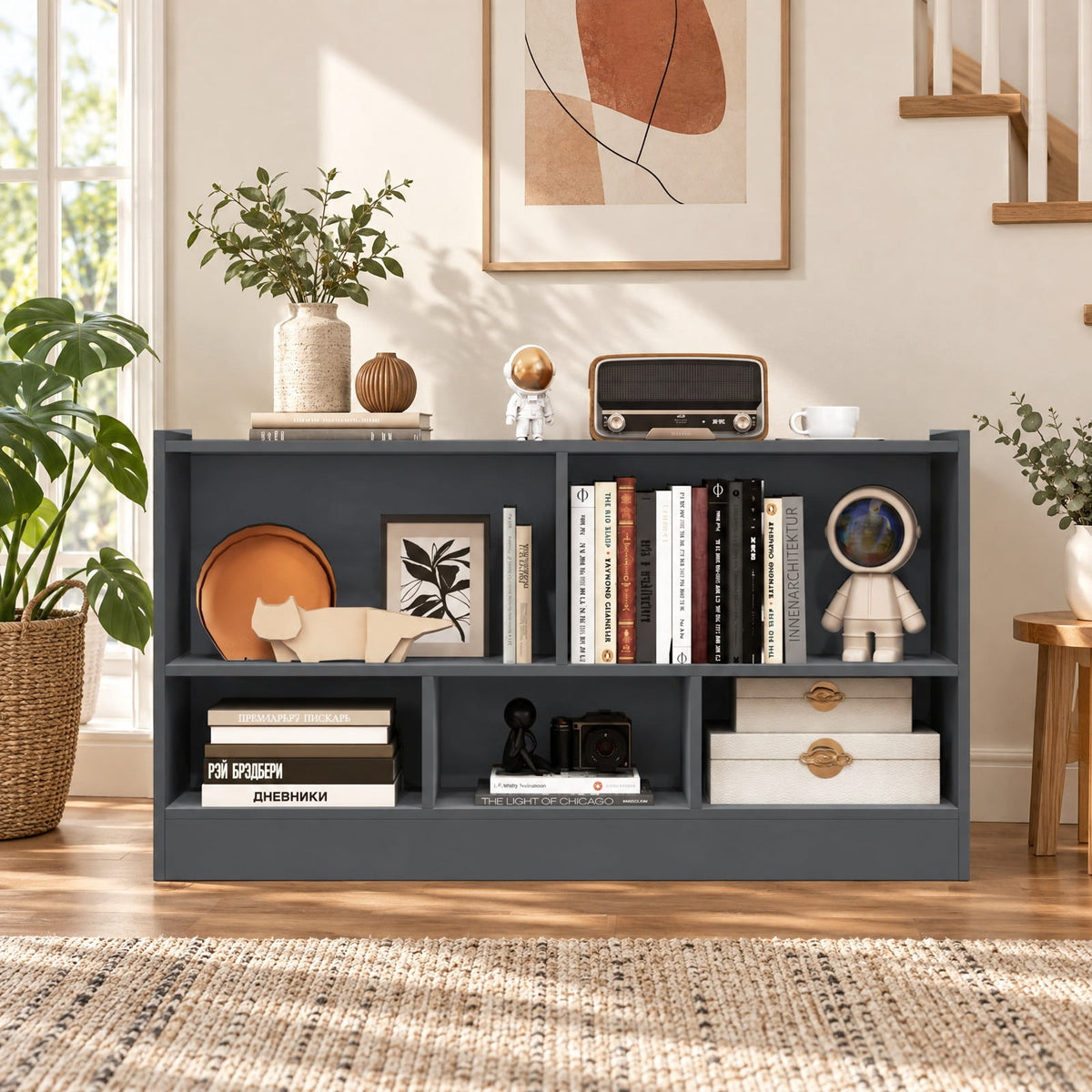 Airfind Kids 5-Cube Bookcase and Toy Storage Organizer, 2-Tier Low Shelf, 44 Inches Wide, for Playroom and Bedroom, Gray