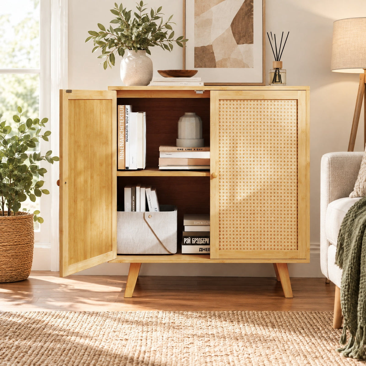 Airfind Bamboo Buffet Storage Cabinet with PE Rattan Doors and Freestanding Kitchen Cupboard, 110 lbs Capacity, Bamboo PE Rattan Frame, Natural