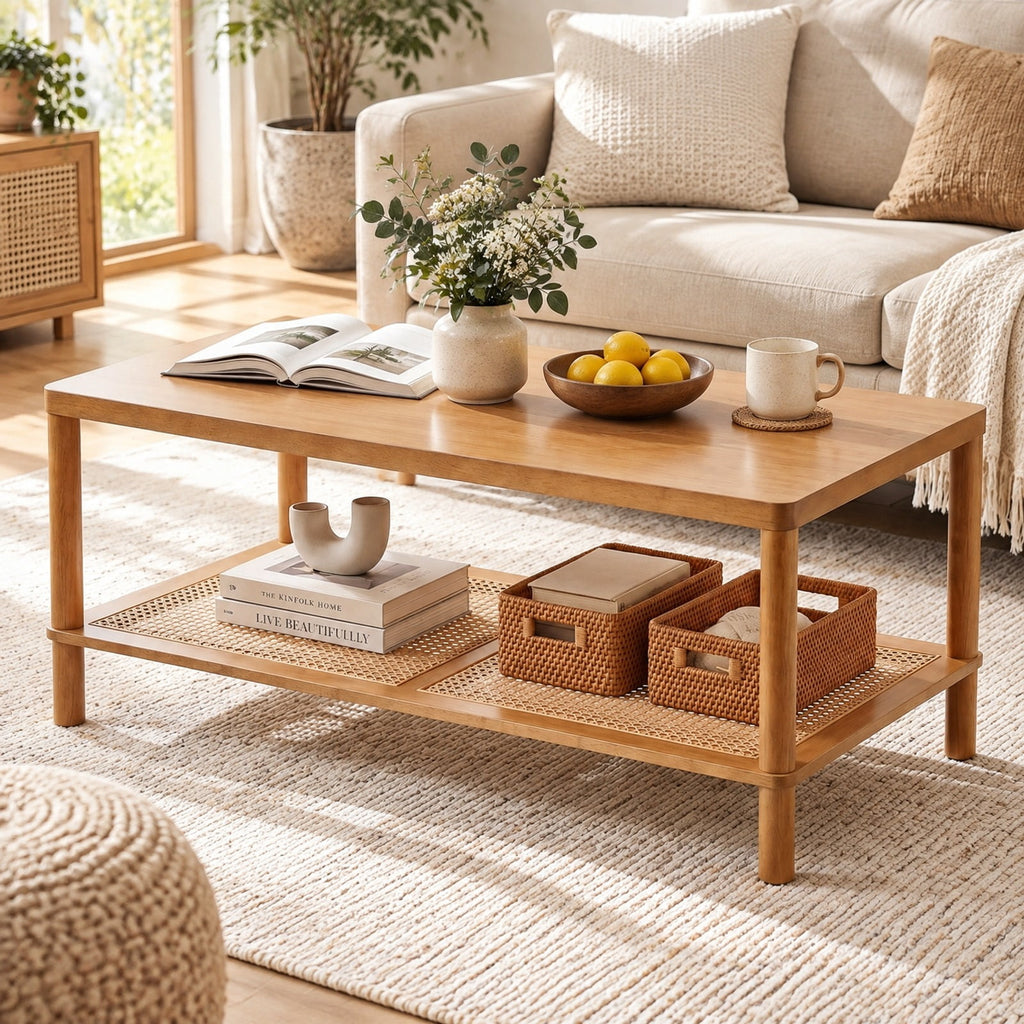 Airfind 2-Tier Boho Coffee Table for Living Room Rectangular Center Table with Rubber Wood Frame and PVC Rattan Storage Shelf, 185 lbs Capacity