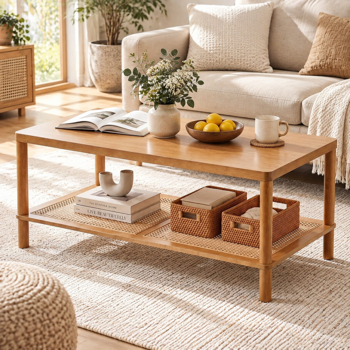 Airfind 2-Tier Boho Coffee Table for Living Room Rectangular Center Table with Rubber Wood Frame and PVC Rattan Storage Shelf, 185 lbs Capacity