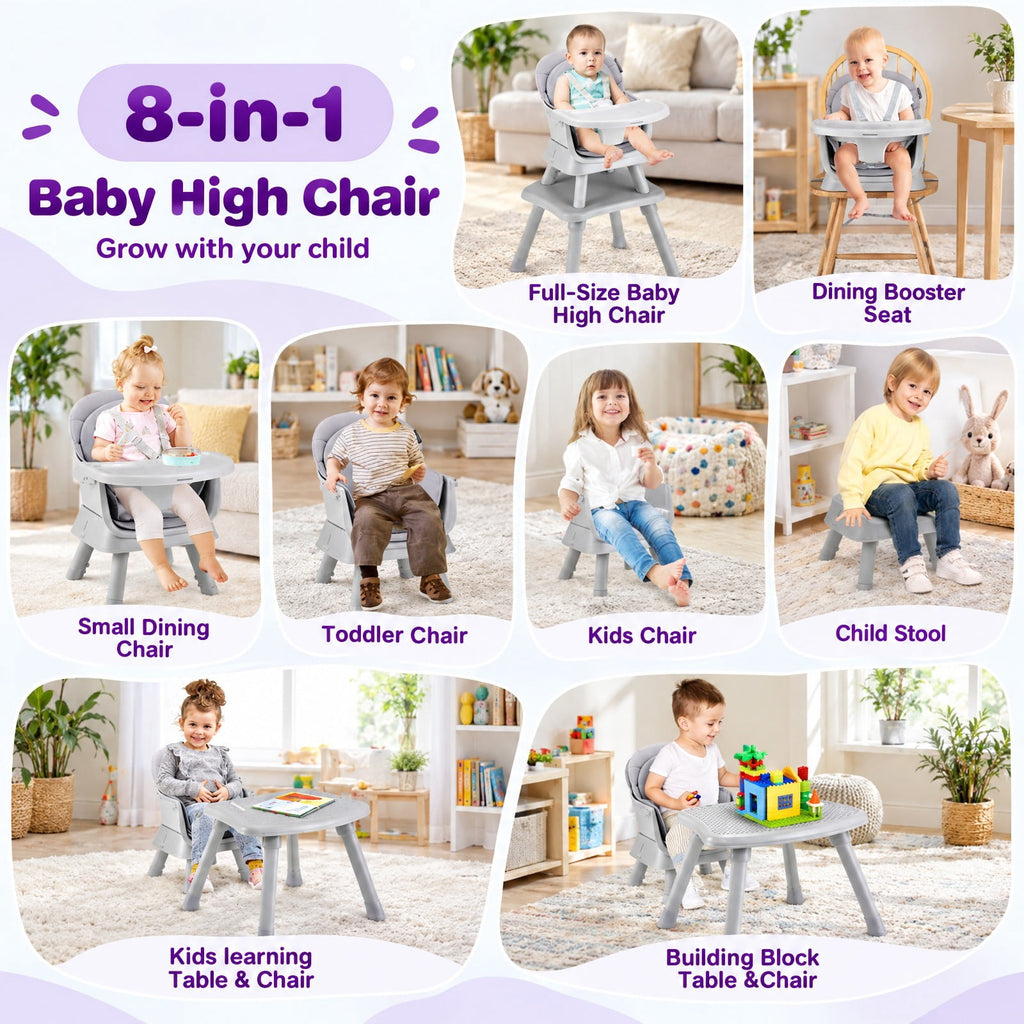 Airfind 6-in-1 Convertible Youth High Chair featuring Adjustable Removable Tray, 55 lbs Capacity, PP PU Fabric Frame, for 6-36 Months, Gray