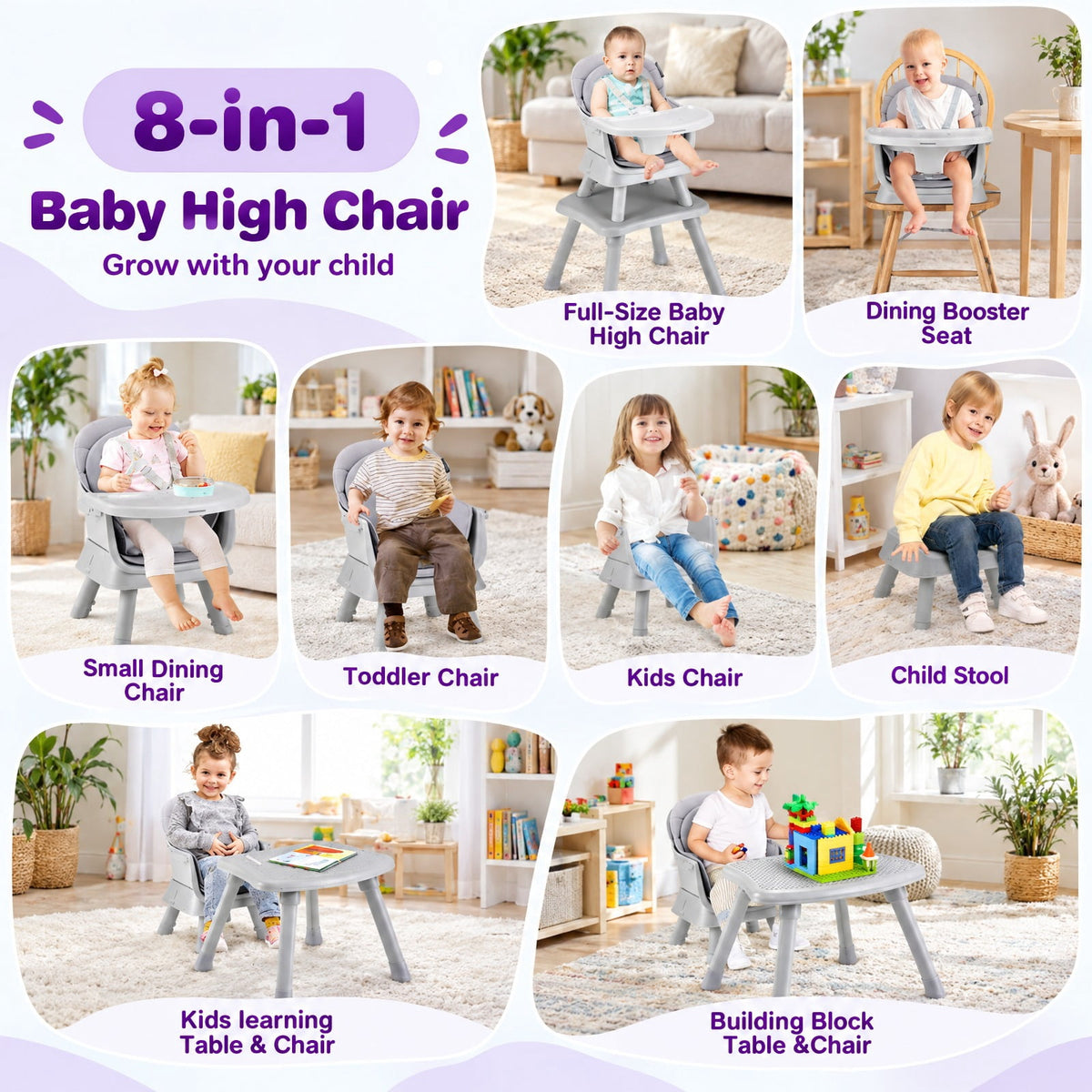 Airfind 6-in-1 Convertible Youth High Chair featuring Adjustable Removable Tray, 55 lbs Capacity, PP PU Fabric Frame, for 6-36 Months, Gray