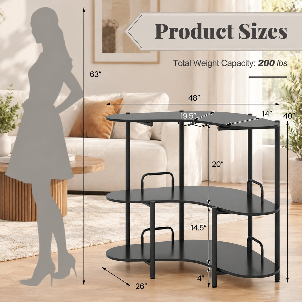 Airfind 3-Tier Liquor Bar Table with Stemware Racks and Storage Shelves, 200 lbs Capacity, Engineered Wood Metal Frame, 48 x 26 x 40 Footprint