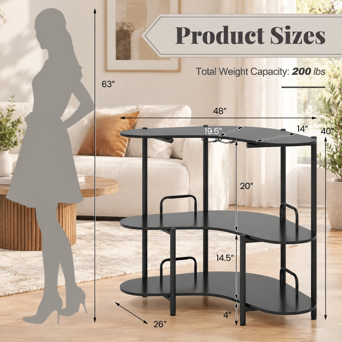 Airfind 3-Tier Liquor Bar Table with Stemware Racks and Storage Shelves, 200 lbs Capacity, Engineered Wood Metal Frame, 48 x 26 x 40 Footprint