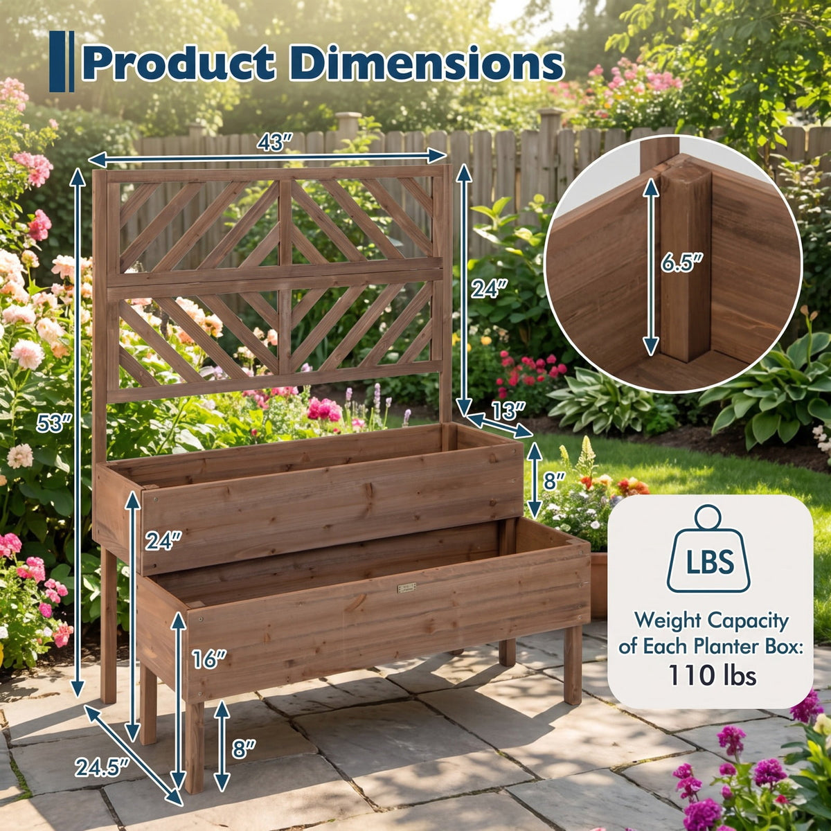 Airfind 2-Tier Raised Garden Bed with Trellis, Fir wood Frame, 43 x 24.5 x 53 (L x W x H) Interior Footprint, Brown
