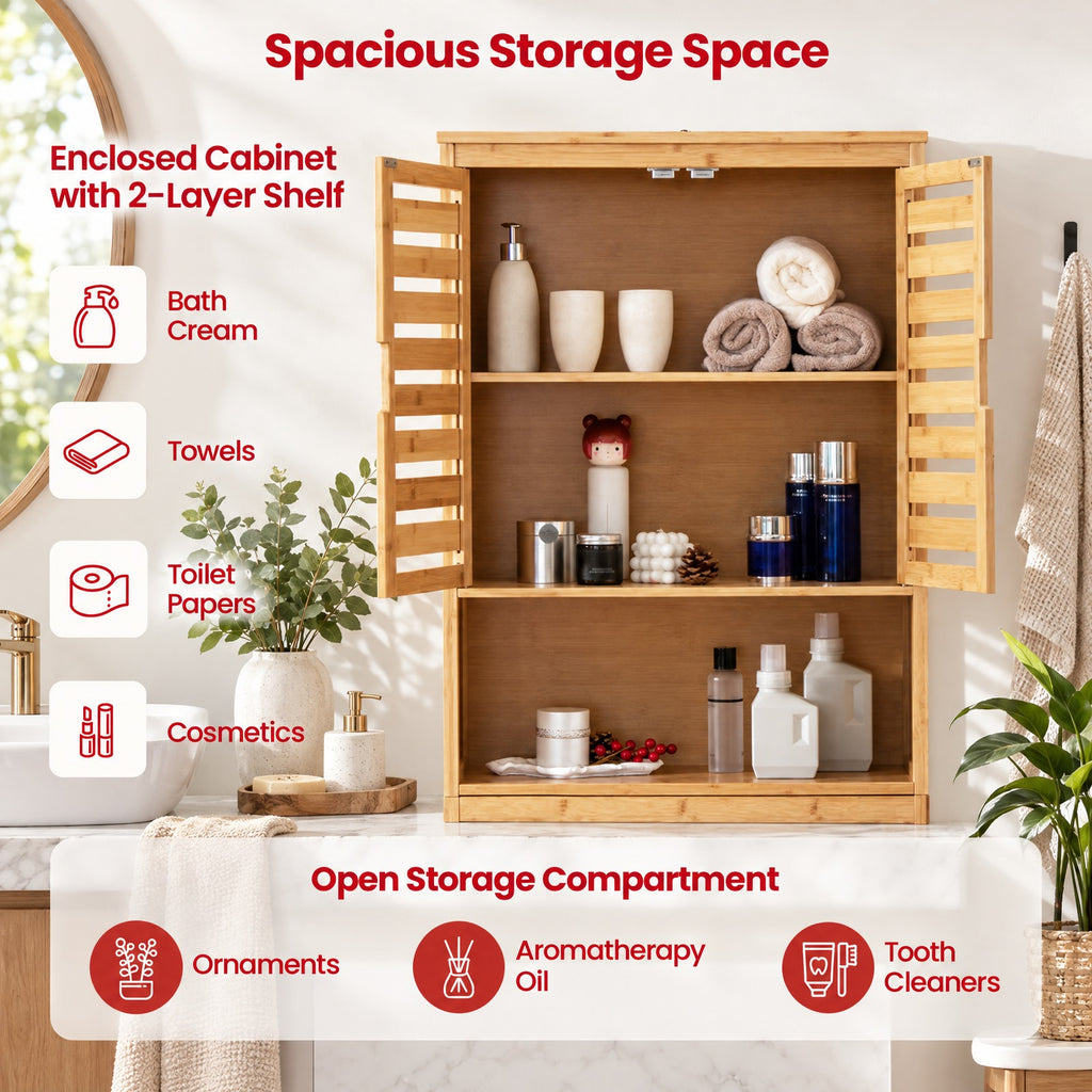 Airfind Bamboo Over The Toilet Storage Cabinet Bathroom with Adjustable Shelf, Bamboo MDF Frame, Natural